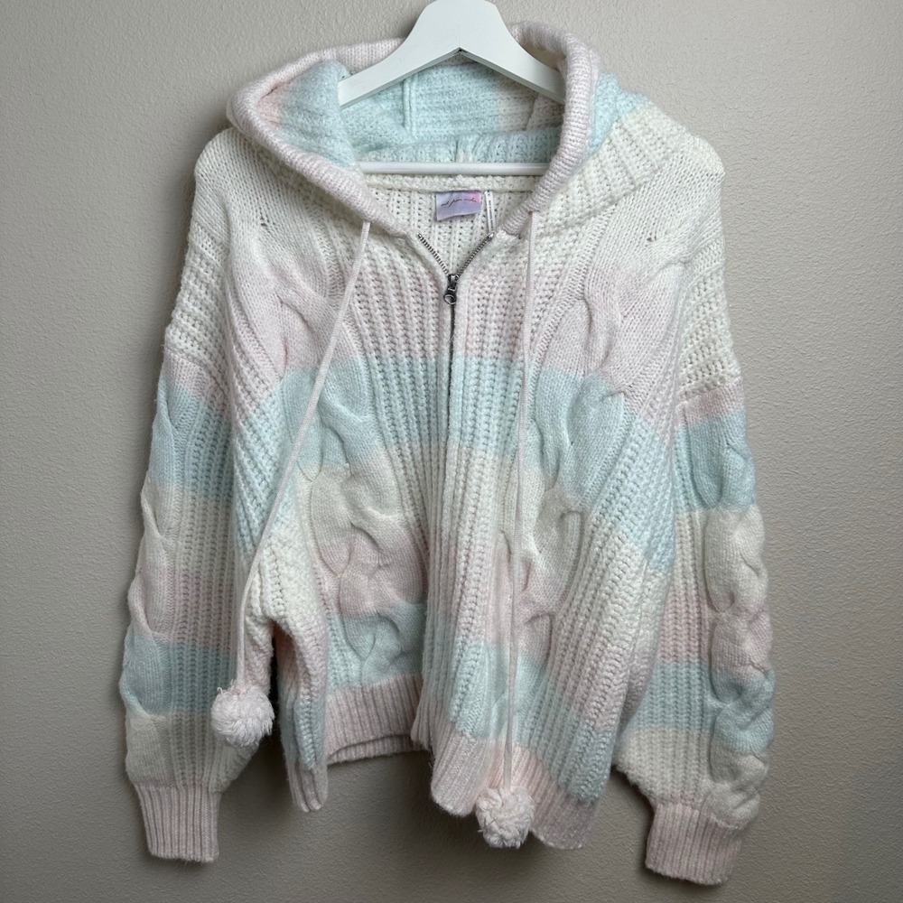 Out From Under Cable Knit Zip Up Hoodie Medium Oversized Pastel Striped Pom Pom